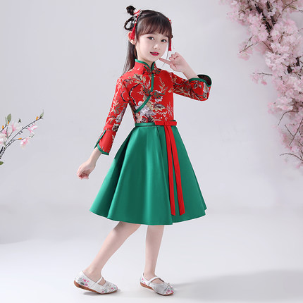 秋冬款女童長袖旗袍裙 / 兒童拜年服 / 演出服