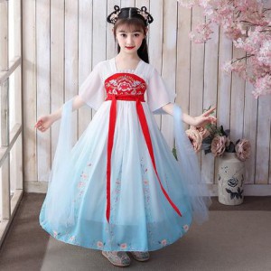 夏季女童薄款短袖古裝漢服 / 兒童短袖唐裝連身裙