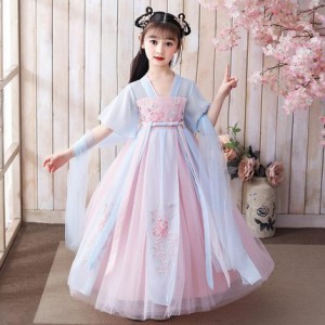 夏季女童薄款短袖古裝漢服 / 兒童短袖唐裝連身裙